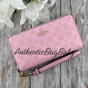 Coach Powder Pink Long Zip Around Wallet In Signature Canvas Bag Purse